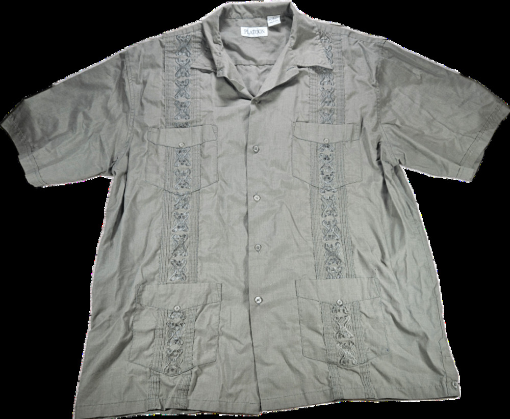 PLATOON Men's Casual Button-Down Shirt Sage Green L Guayabera Cotton Blend
